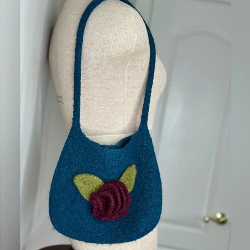 Woolen Felted Blue Shoulder Bag with Knit Flower